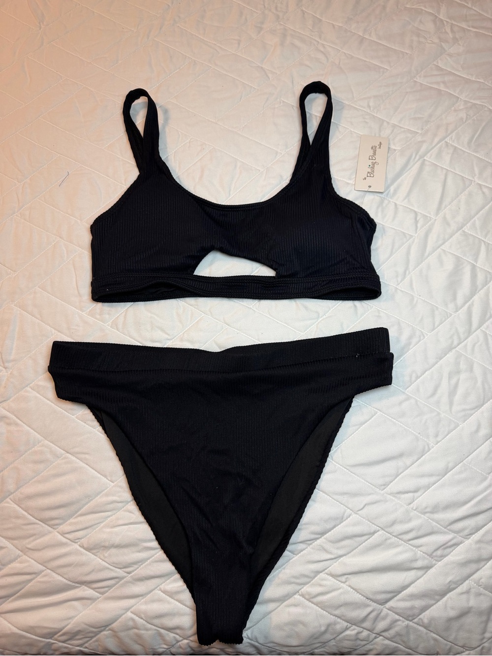 Ribbed Cutout Black Bikini Set - Women